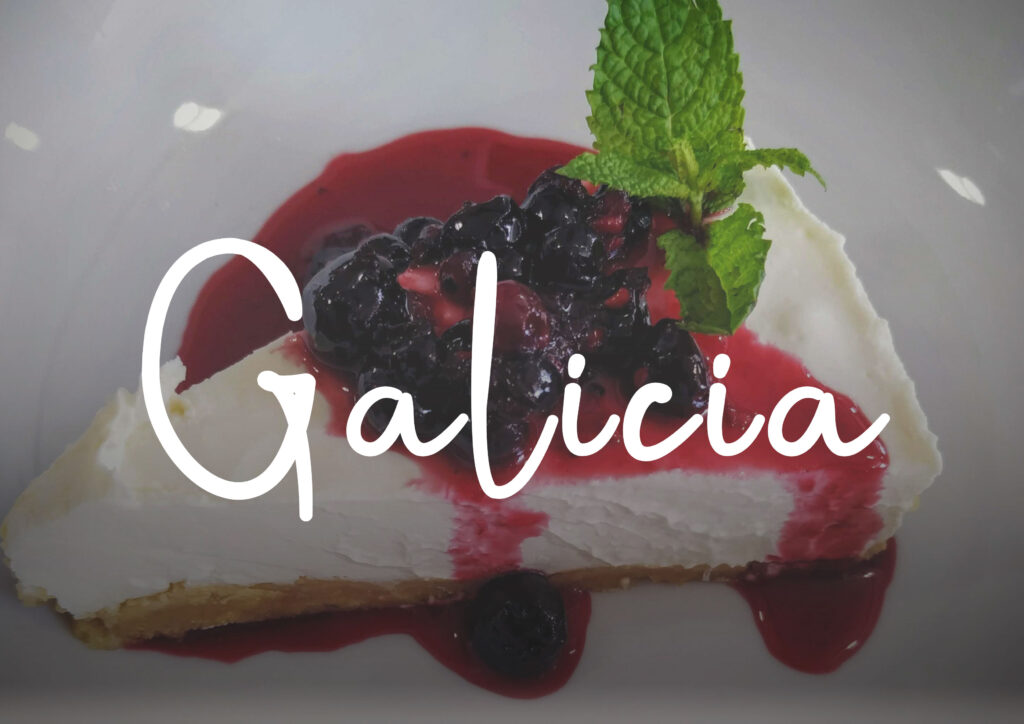 Gluten free cheesecake on a plate with 
 text Galicia in the foreground