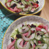 Beetroot, tuna and avocado pasta salad in two bowls