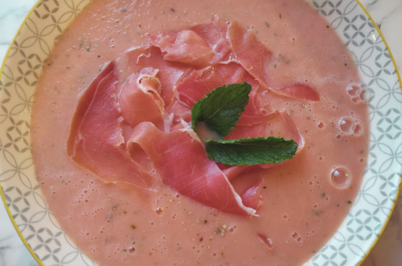 Melon soup with Serrano ham and kefir